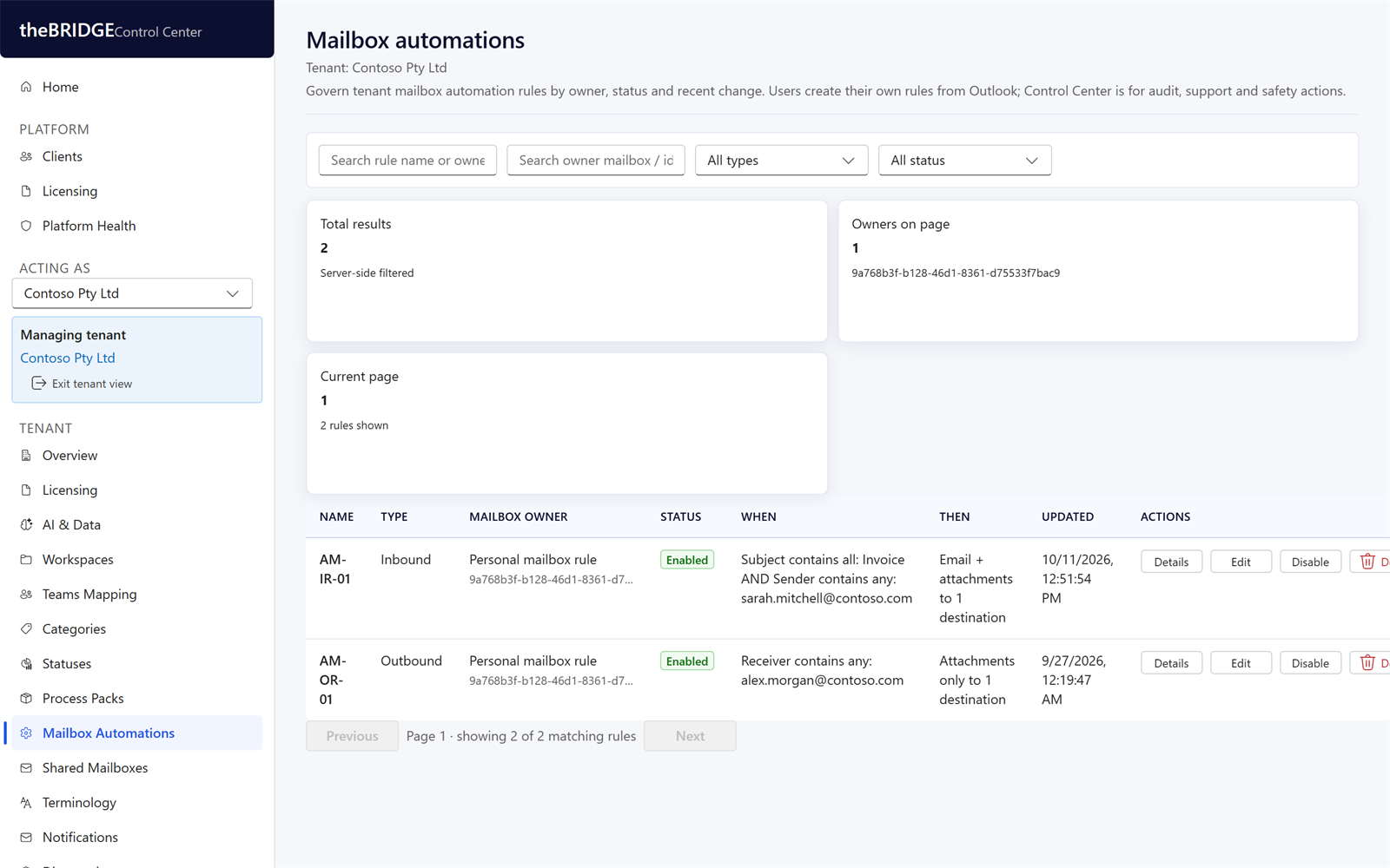 Control Center mailbox automation rules with owner, status, conditions and actions