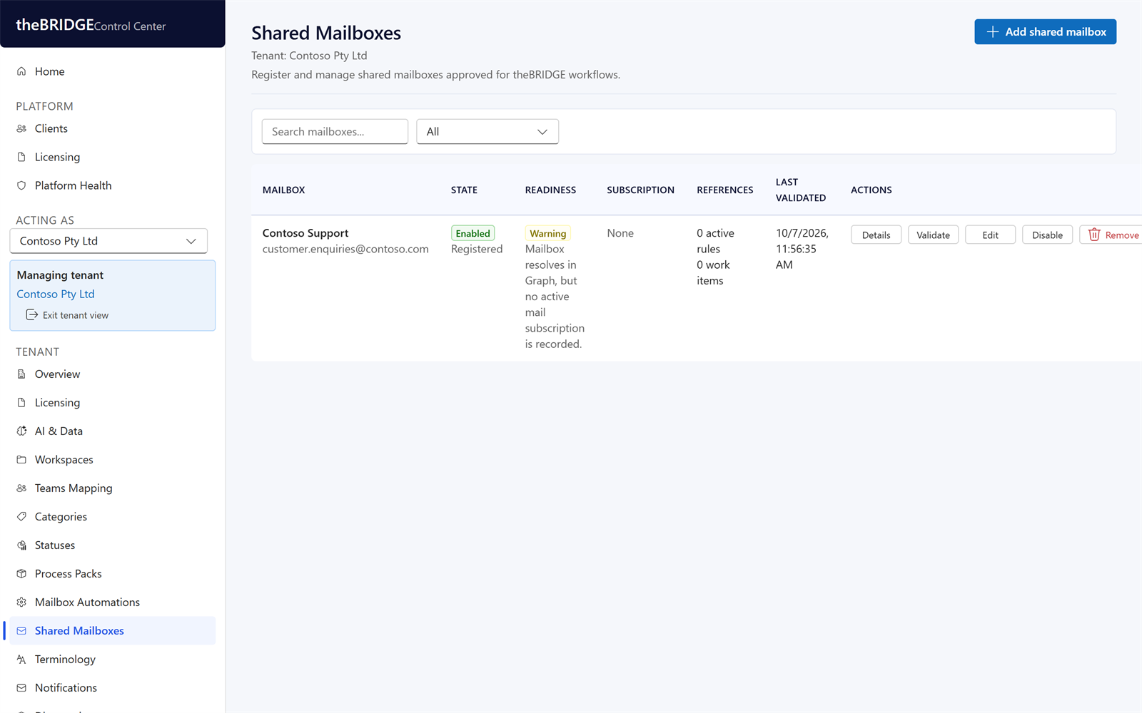 Control Center shared mailbox registration with state, readiness and subscription status