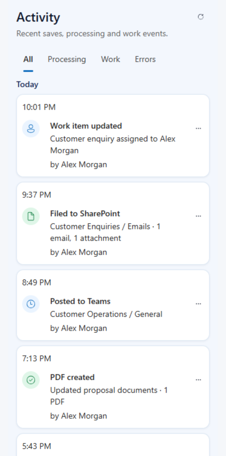 theBRIDGE Activity feed in Outlook listing recent filing, processing and work events