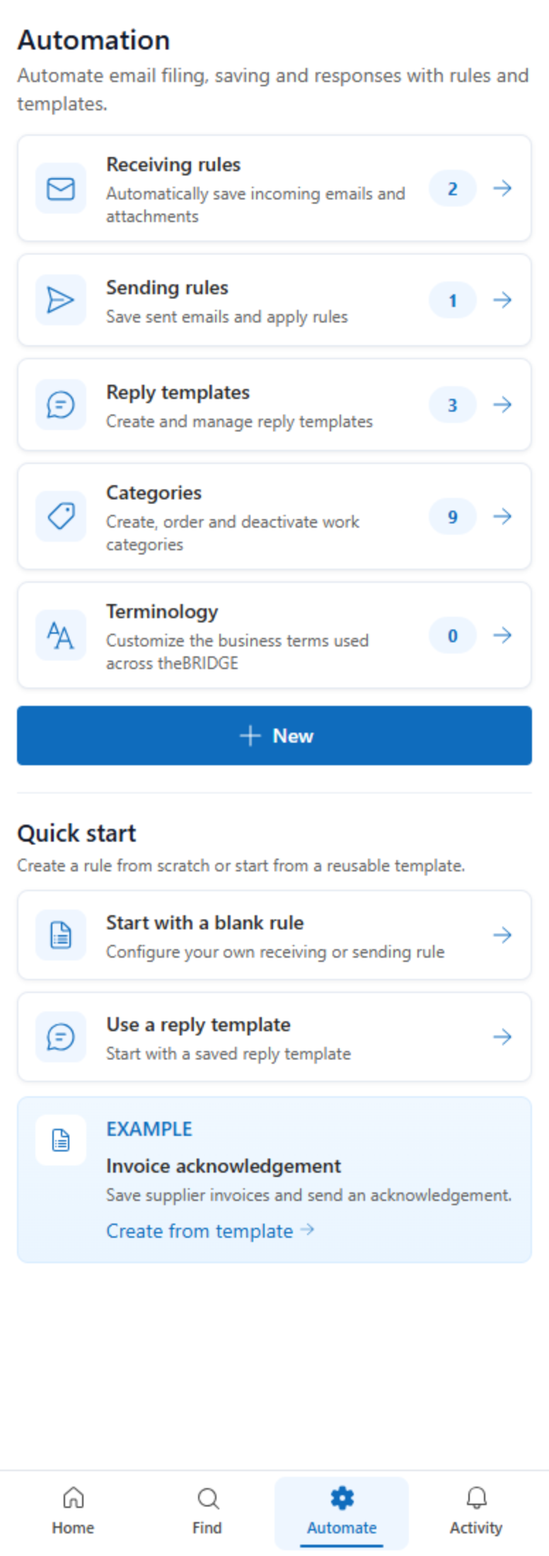 theBRIDGE Automation home in Outlook with receiving rules, sending rules, reply templates and categories