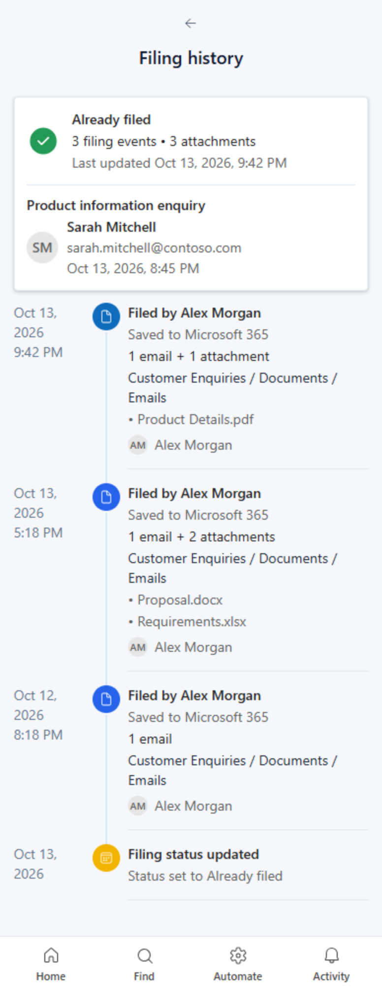 theBRIDGE filing history in Outlook showing when and by whom an email was already filed