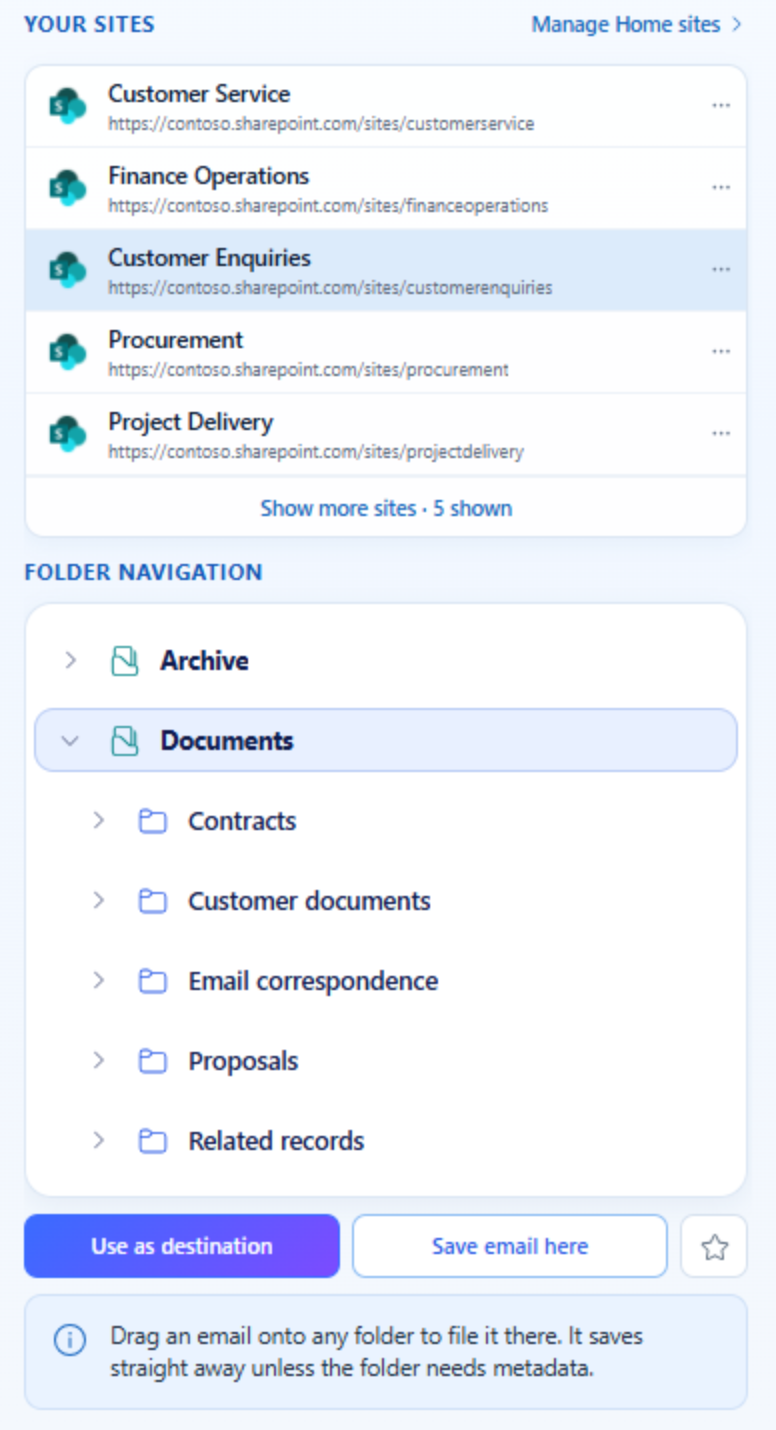 theBRIDGE folder navigation with the note that dragging an email onto a folder files it there