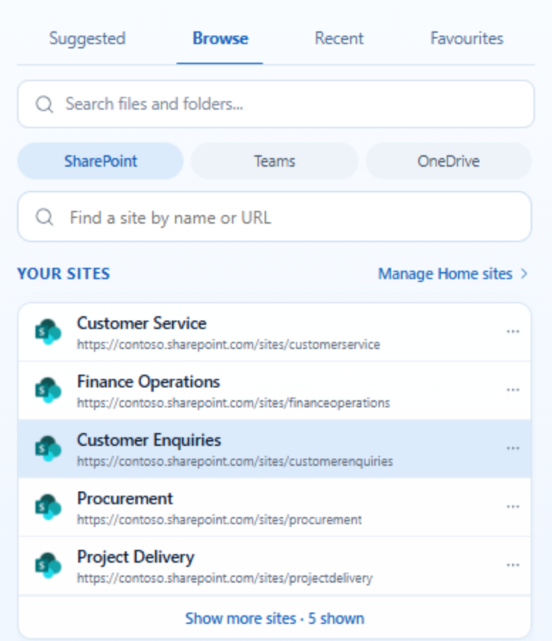 theBRIDGE in Outlook with search and a list of SharePoint sites ready to browse