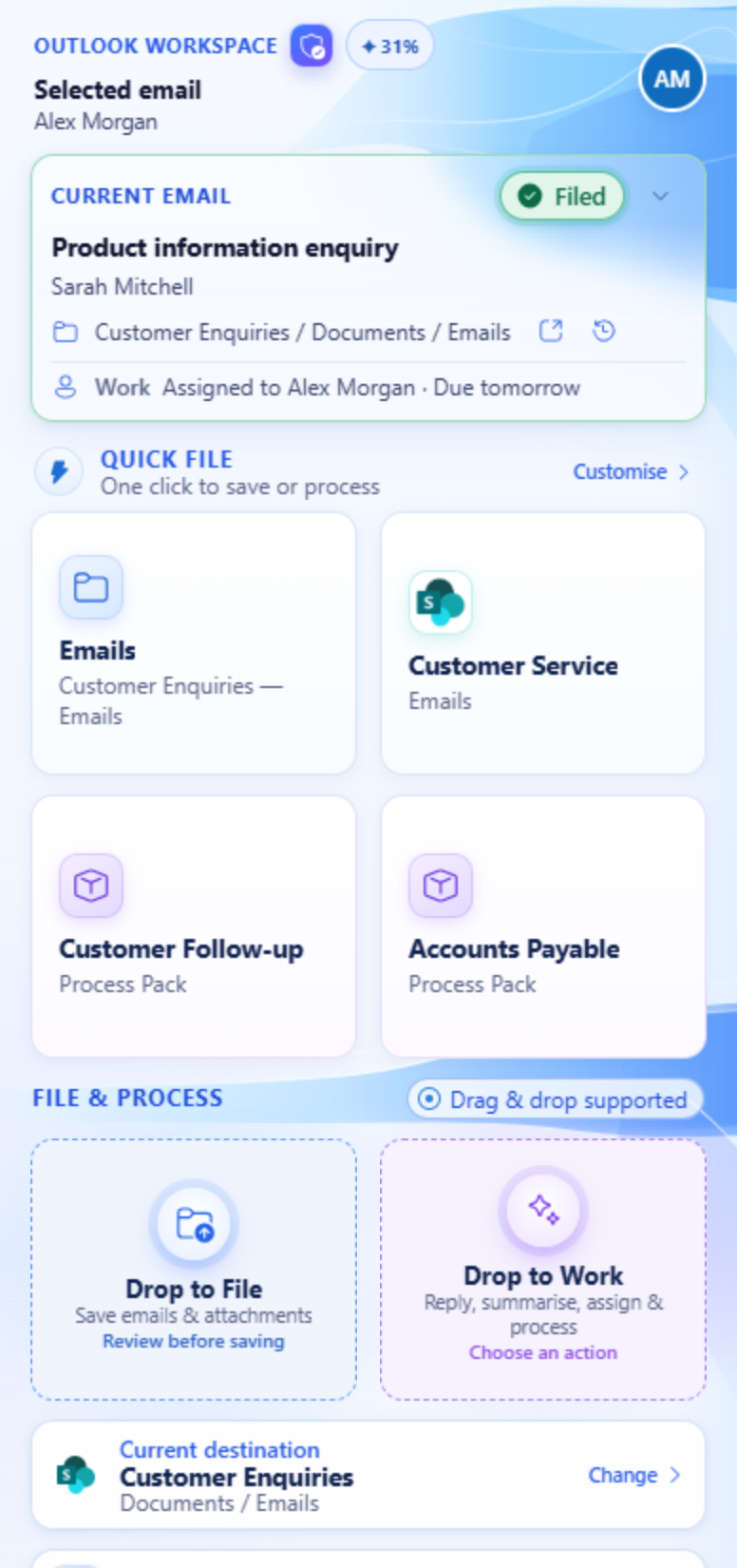 theBRIDGE in Outlook showing the selected email as Filed, Quick File destinations and drag and drop targets
