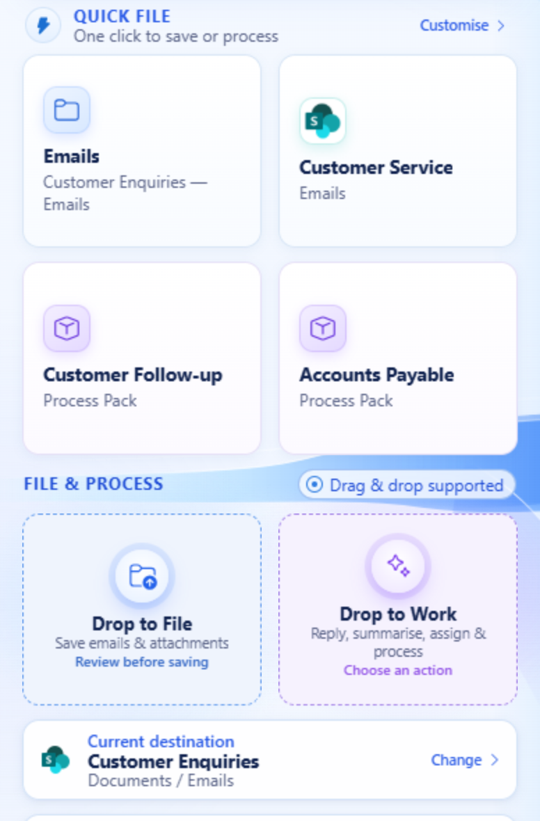 theBRIDGE Drop to File and Drop to Work targets in the Outlook add-in