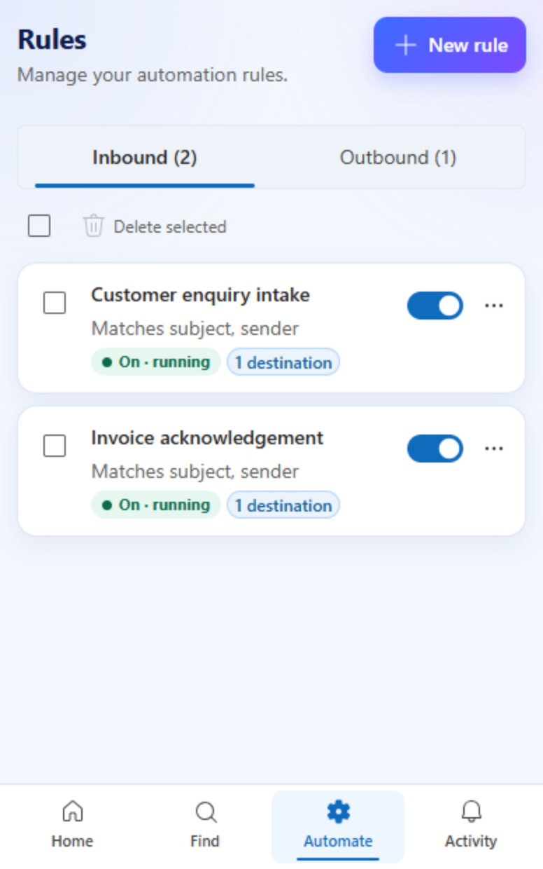 theBRIDGE rules list showing enabled receiving rules with their conditions and destinations