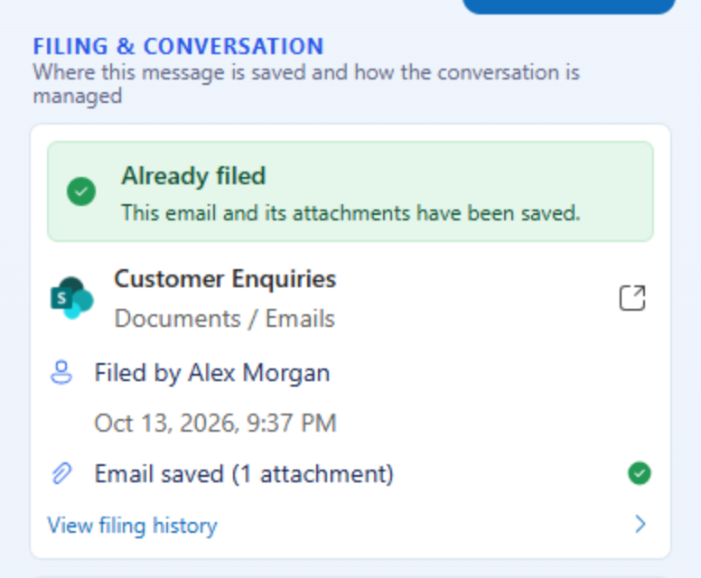 theBRIDGE work details showing the email is already filed to a SharePoint location