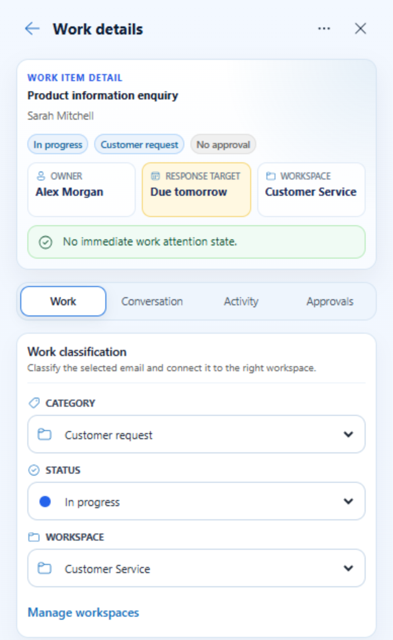 theBRIDGE Work item detail in Outlook with status, category, workspace, owner and response target for a customer enquiry