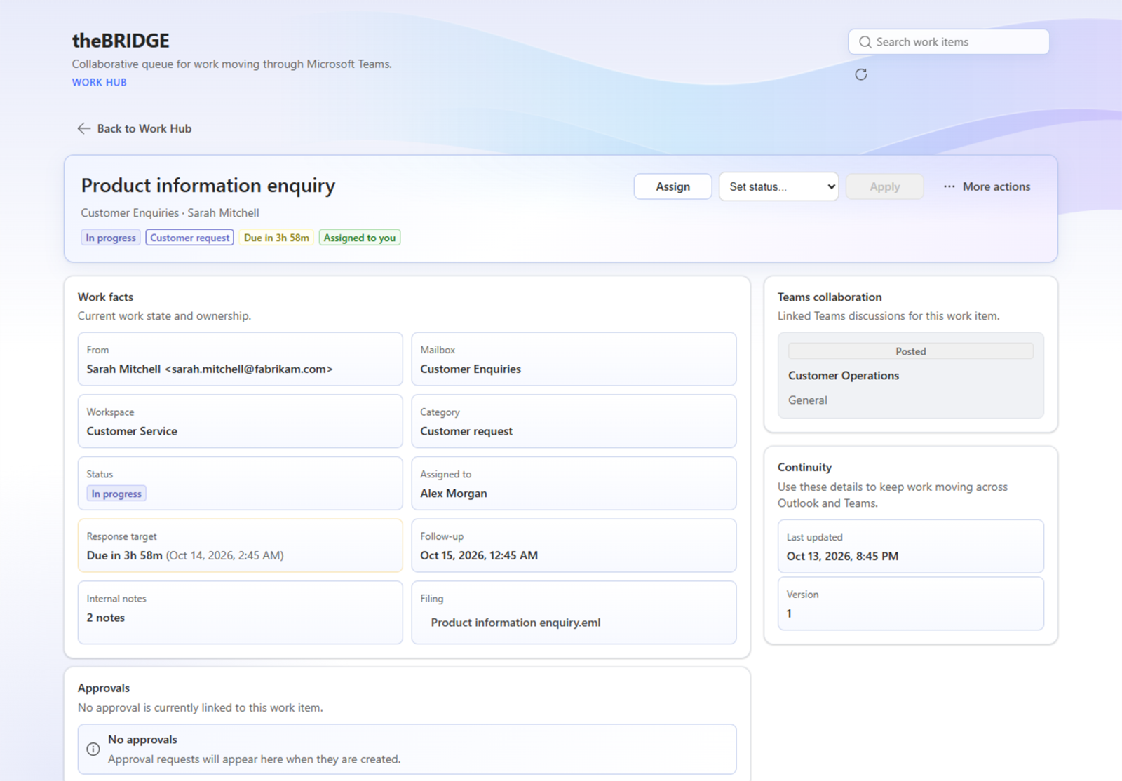 theBRIDGE Work Hub in Teams showing a work item with owner, status, response target and linked Teams collaboration