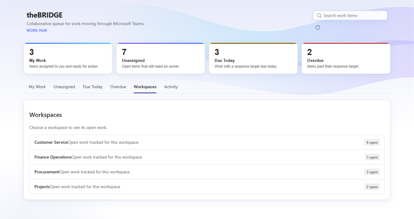 theBRIDGE Work Hub in Teams listing workspaces with the number of open work items